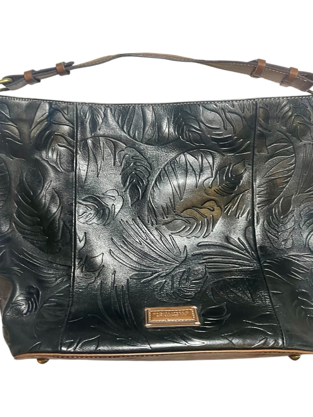 Tignanello Black Embossed Leather Hobo Bag Tropical Leaf Pattern Shoulder Purse